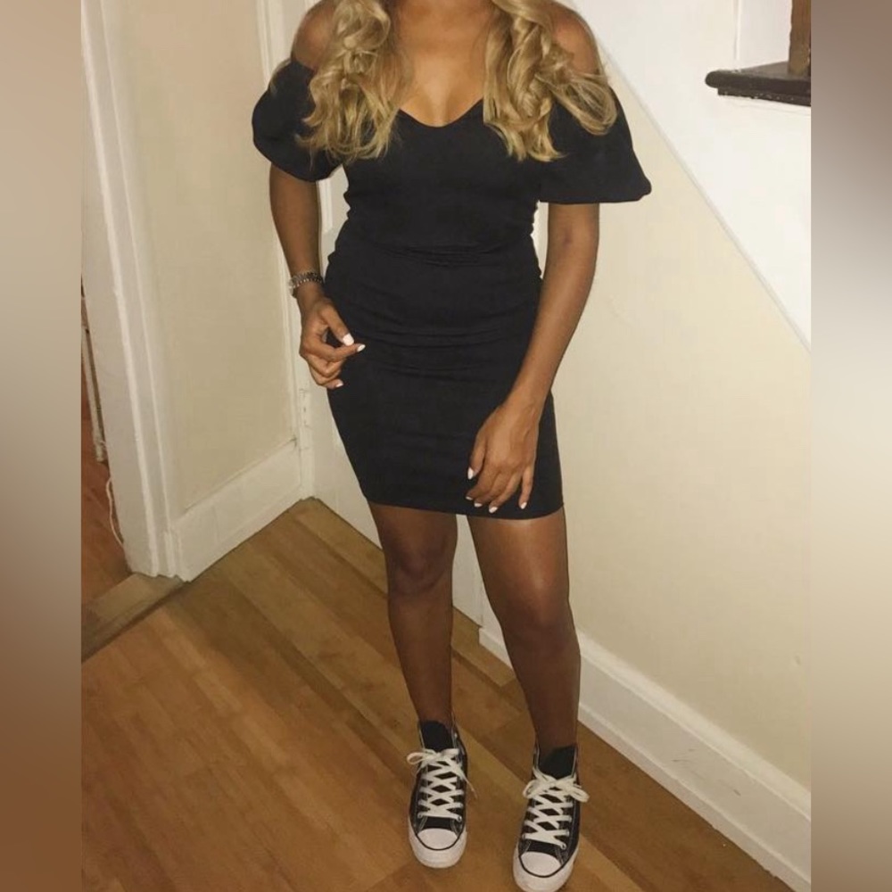 Black PLT Form Fitting Mini Dress with Shoulder Detail